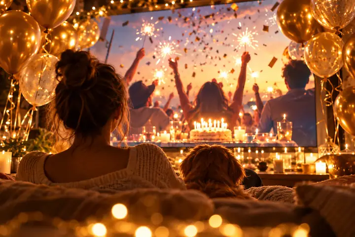 Gold balloons and warm lights framing a birthday video idea.
