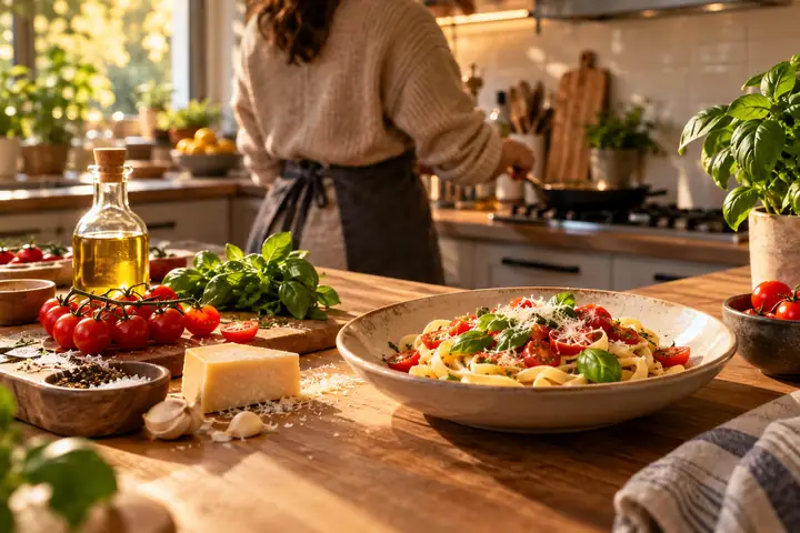 Fresh ingredients and a finished dish on a kitchen worktop.