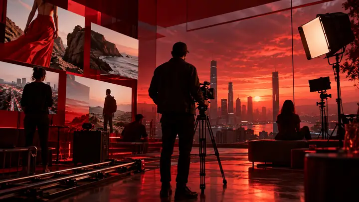 Deep-red corporate company-profile video design with restrained white typography.
