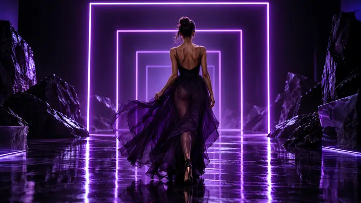 Fashion opener video design with concentric violet neon frames on a dark backdrop.