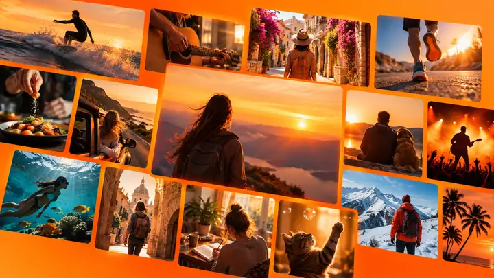 A bright orange montage of varied video stories and creative tiles, framed like a polished video-editor showreel.