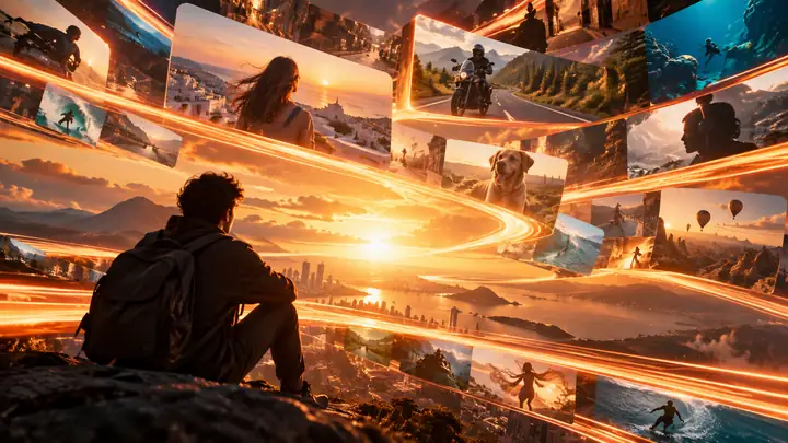 Dramatic orange light streaks converging into a cinematic intro-video composition.