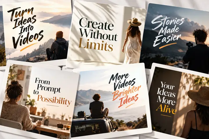 A collection of crisp typographic title designs on overlapping white cards.