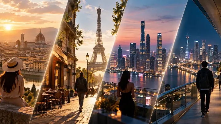 Architectural video frames with a clean visual transition between city scenes.