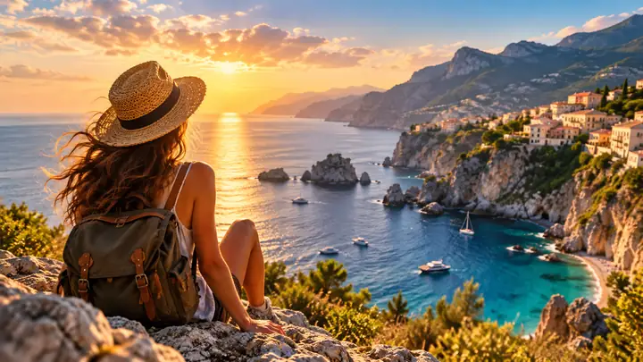 Sunlit coastal scenery for a travel-video thumbnail.