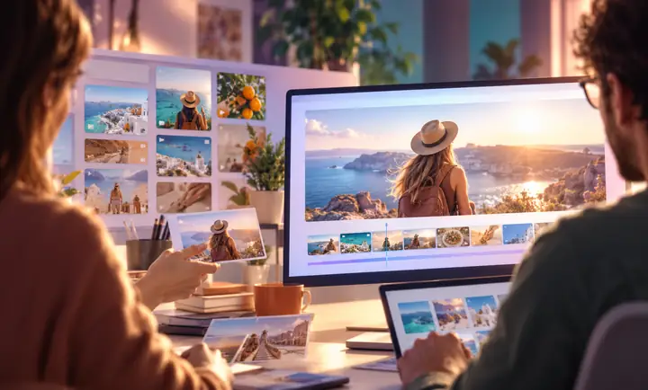 A collaborative video workspace with shared media folders and a bright video preview.