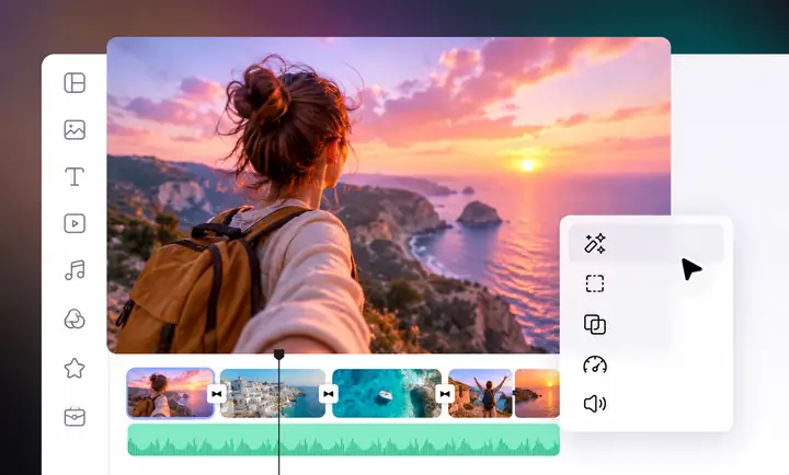 A modern video-editing interface showing a colorful preview, timeline, and editing controls.