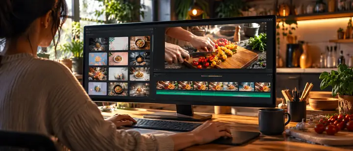 A wide video-editing workspace displaying project templates and a cooking-video preview.