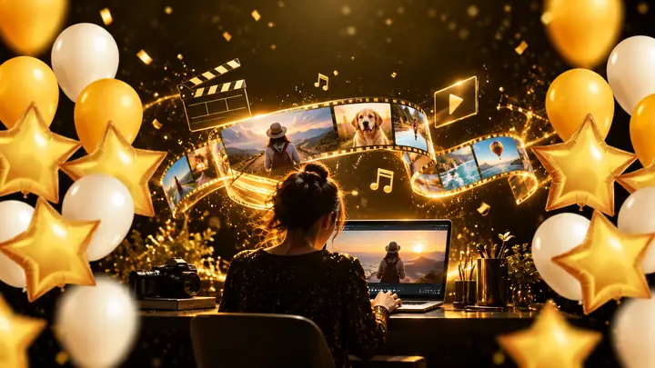 Black-and-gold birthday video design with celebratory balloons.