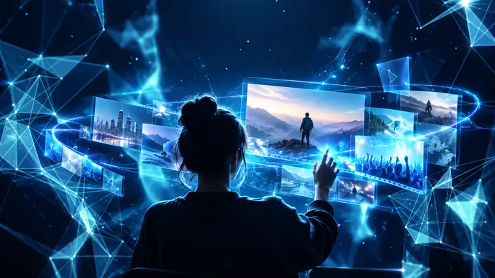 Blue technology-themed video cover with luminous geometric lines.