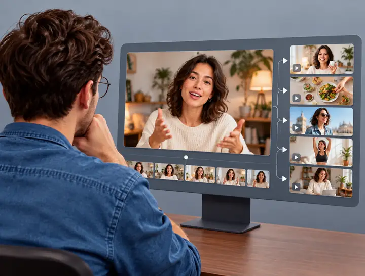 Video-creation preview showing a person on screen beside an organized sequence of video ideas.