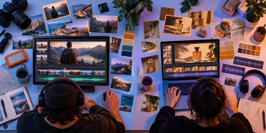 Wide video editing workspace with source material and a rough timeline