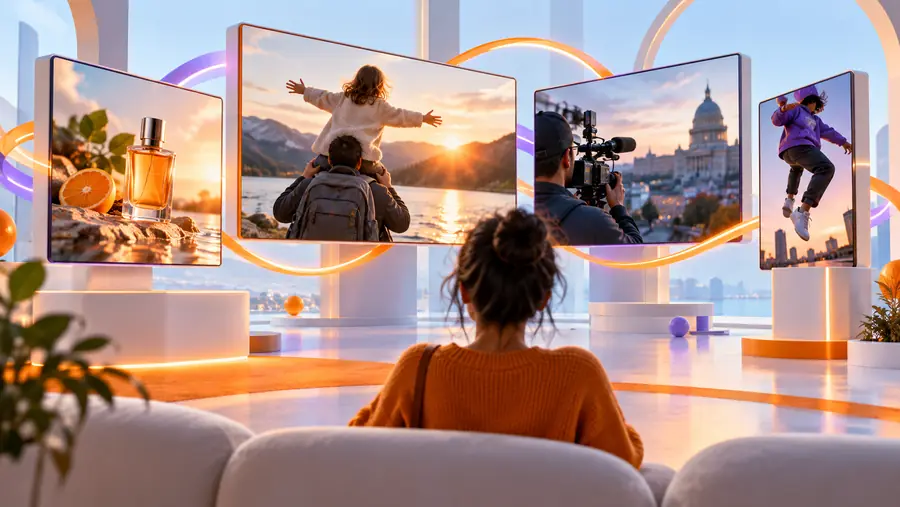 Illustrative video editing workspace with arranged media
